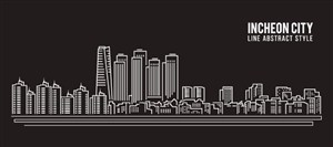 韩国仁川城市天际线建筑风景白色卡通线稿插画矢量素材