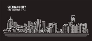 沈阳城市天际线建筑风景白色卡通线稿插画矢量素材