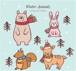 4款彩绘冬季动物矢量素材