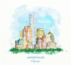 清新明丽水彩淡彩城市建筑风景插画矢量素材
