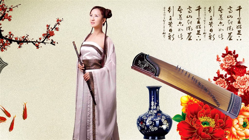精美瓷器古琴书法牡丹花梅花中国风古装美女