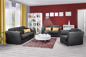大红色背景墙现代风格客厅装修效果图小三房灰色沙发搭配设计