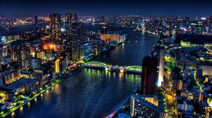 高清湖畔城市建筑夜景风景画