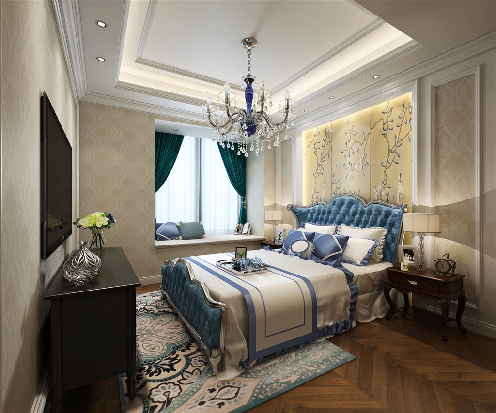 卧室 有米黄色竖纹壁纸 卧室简洁大方，欧式壁纸搭配欧式家具，闲的房_装修美图-新浪家居