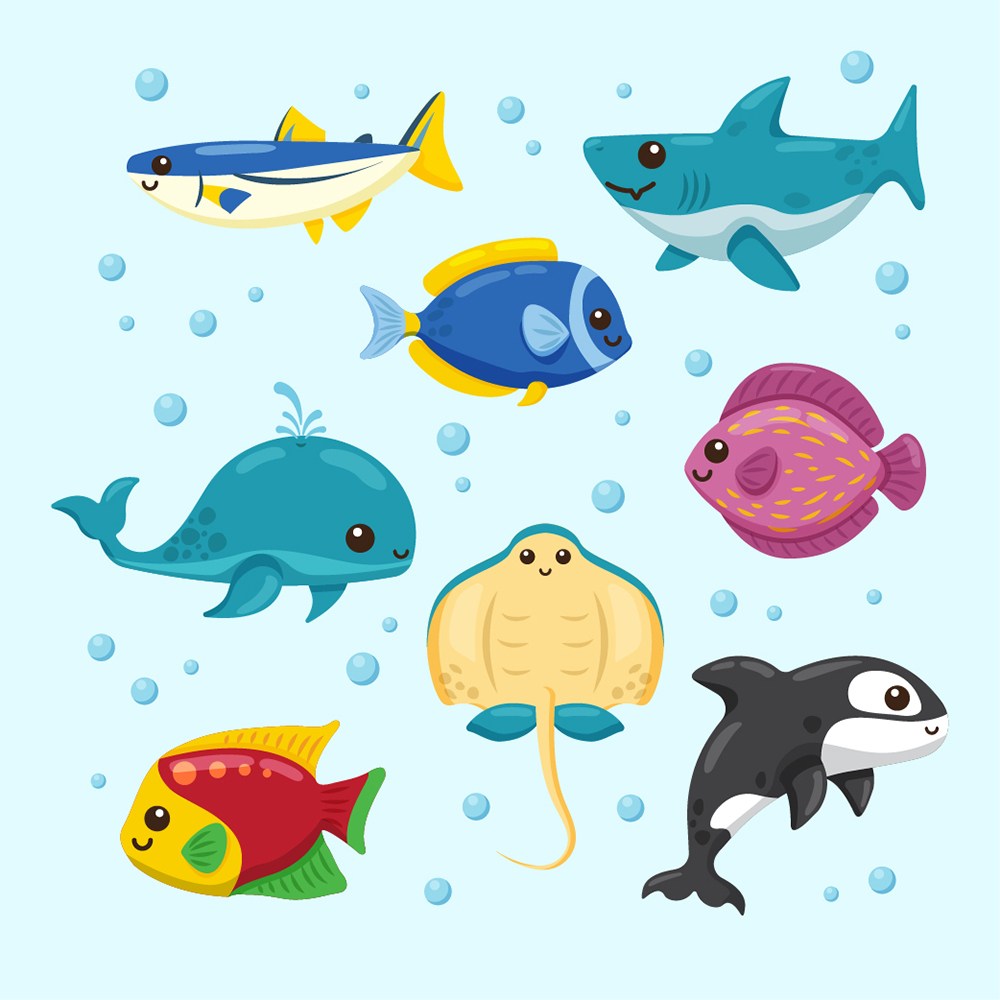可爱卡通海底世界海洋动物海豚鲨鱼鲸鱼鱼类儿童插画插图背景