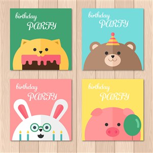 可爱卡通动物小熊猪气球猫兔子马卡龙色彩生日派对happybirthday卡片矢量图