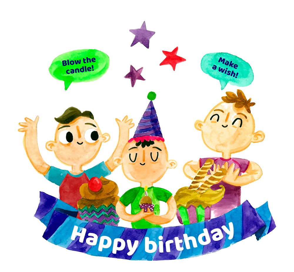 彩绘庆祝生日的3个男孩矢量素材 