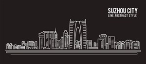 苏州城市天际线建筑风景白色卡通线稿插画矢量素材