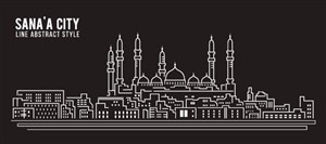 也门萨那古城城市天际线建筑风景白色卡通线稿插画矢量素材