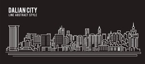 大连城市天际线建筑风景白色卡通线稿插画矢量素材