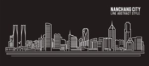 南昌城市天际线建筑风景白色卡通线稿插画矢量素材