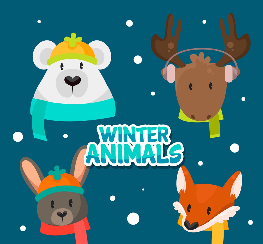 4款卡通冬季动物头像矢量素材