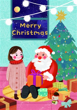 圣诞老公公给小朋友送礼物插画海报