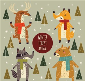 4款彩绘冬季动物矢量素材 