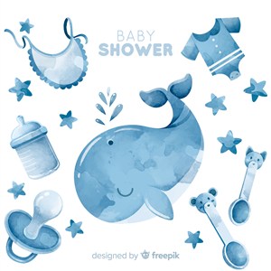 可爱的蓝色鲸鱼水彩婴儿淋浴背景墙纸手机壳插画设计矢量AI素材
