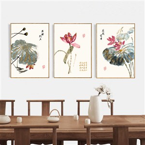 现代新中式国画水墨荷花客厅装饰画