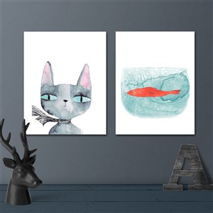 北欧装饰画猫和鱼儿童房装饰画
