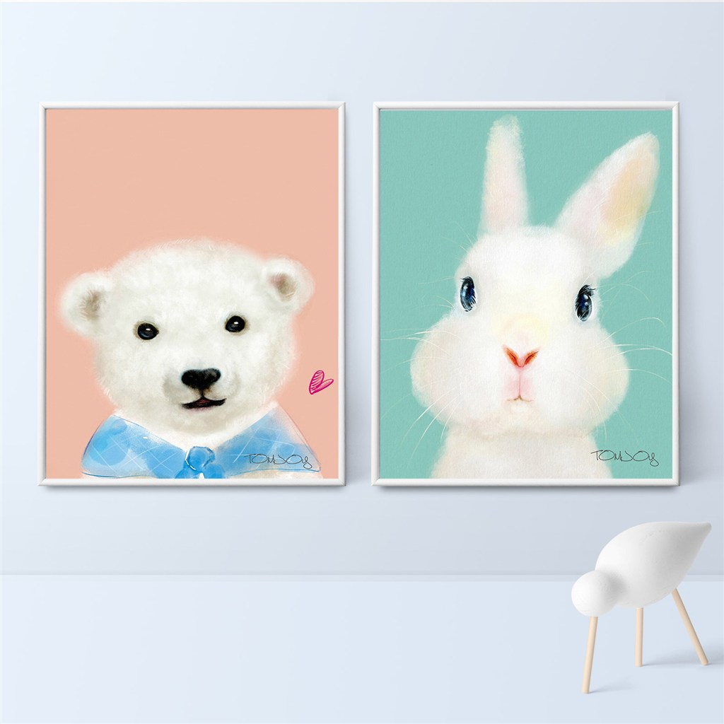 北欧卡通萌宠动物-小傻熊和小兔子儿童房装饰画
