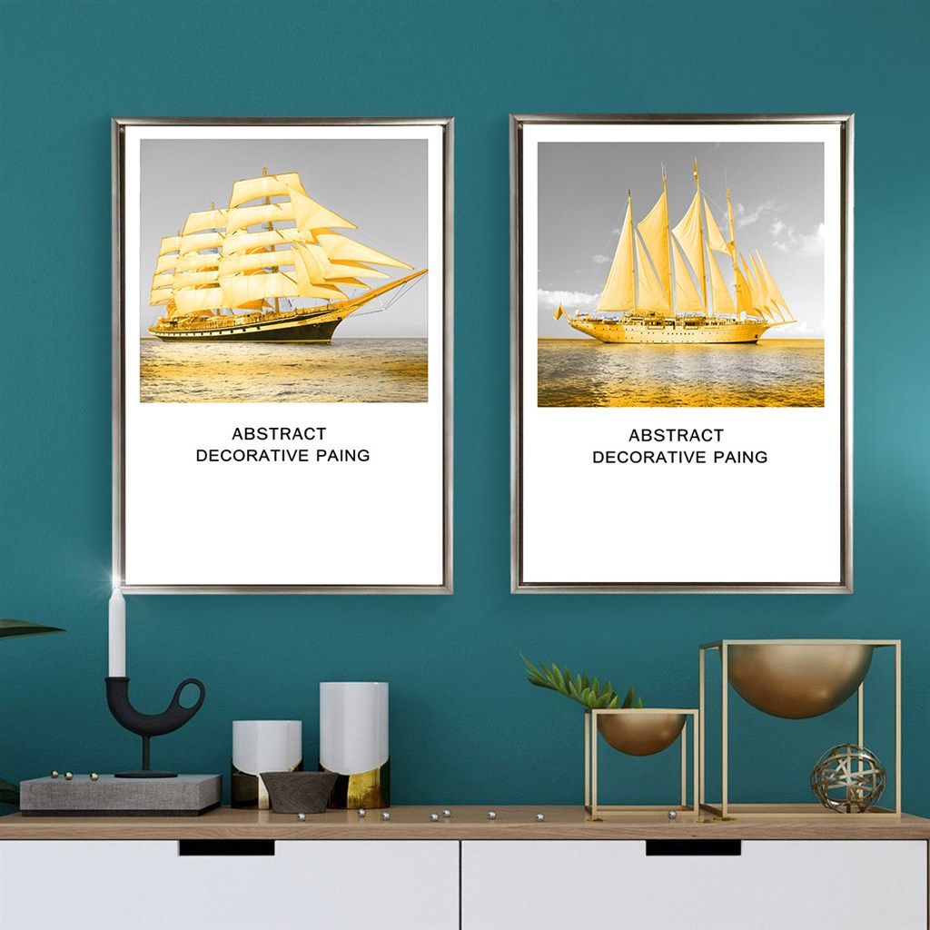 美式风格装饰画金色帆船客厅装饰画