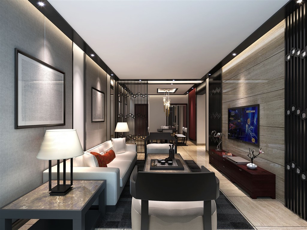 小居室客厅新中式装修效果图中国传统中式风格黑白灰色调