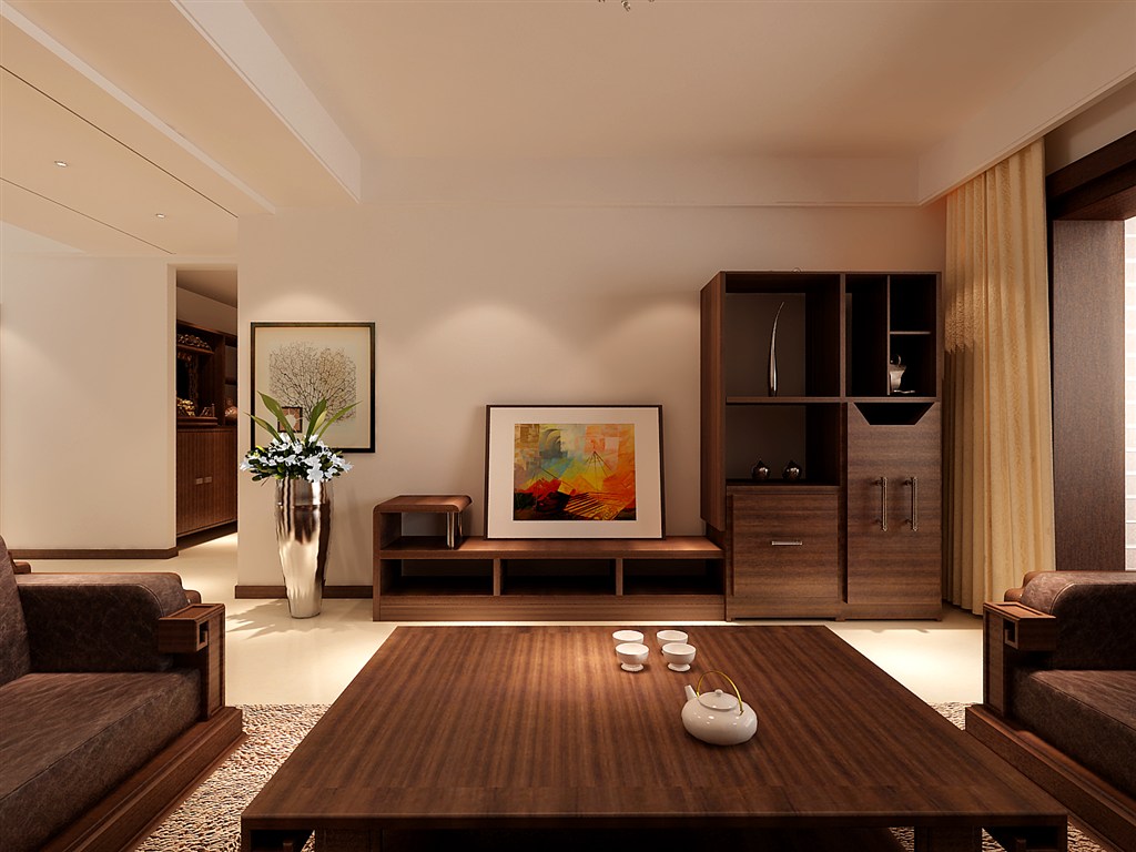 简约新中式客厅装修效果图全实木家具搭配白色调安静优雅