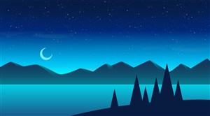 高清风景山脉湖水树林弯月星空装饰画卡通插画PSD分层素材 