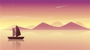 高清风景湖面帆船流星夜空装饰画卡通插画PSD分层素材 