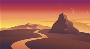 高清风景沙漠山脉弯月星空落装饰画卡通插画PSD分层素材 