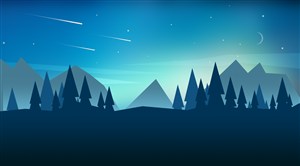 高清风景山间树林流星夜空落装饰画卡通插画PSD分层素材 
