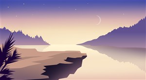 高清风景山脉树林湖水星空弯月装饰画卡通插画PSD分层素材 