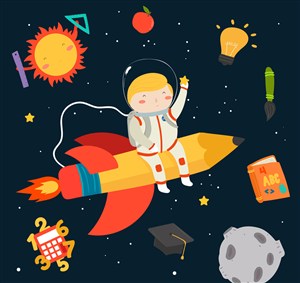 创意坐火箭遨游太空的男孩矢量图 