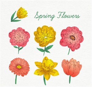 7款彩绘春季花朵矢量素材 