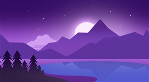 高清风景山脉树林湖水明月夜空装饰画卡通插画PSD分层素材 