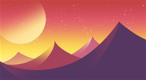 高清风景山脉沙漠明月夜空装饰画卡通插画PSD分层素材 