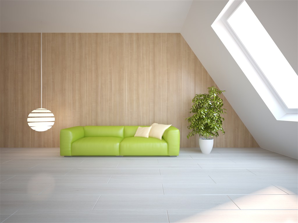 现代沙发墙装修效果图绿色沙发搭配木质背景壁纸醒目时尚