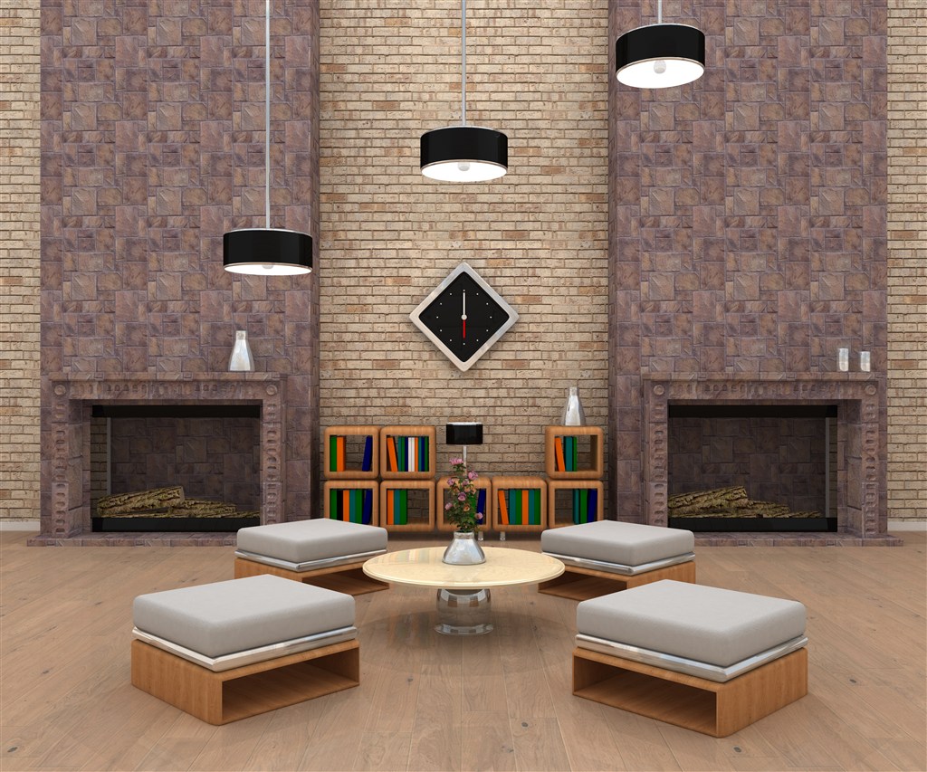 显高的客厅装修效果图吊灯方形小沙发圆桌搭配书架壁炉温暖风格设计
