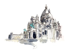 世界著名古迹水彩插画法国圣心圣殿高清图片