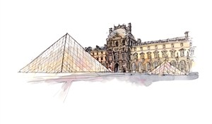 世界著名古迹水彩插画法国卢浮宫高清图片