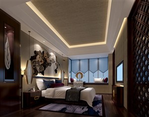 新中式主卧室装修效果图中式床头墙中式窗帘中式隔断设计