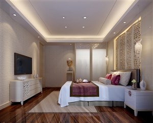 简约卧室装修效果图床头背景墙采用中式风格设计