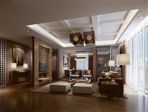 客厅装修效果图中式隔断中式吊灯中式沙发设计