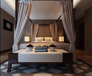 复古式架子床主卧室装修效果图新中式带帘子设计