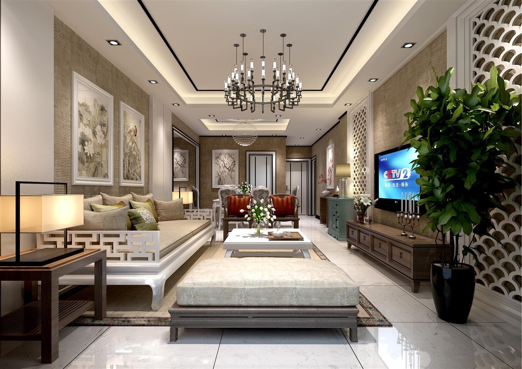 客厅装修效果图白色新中式风格设计