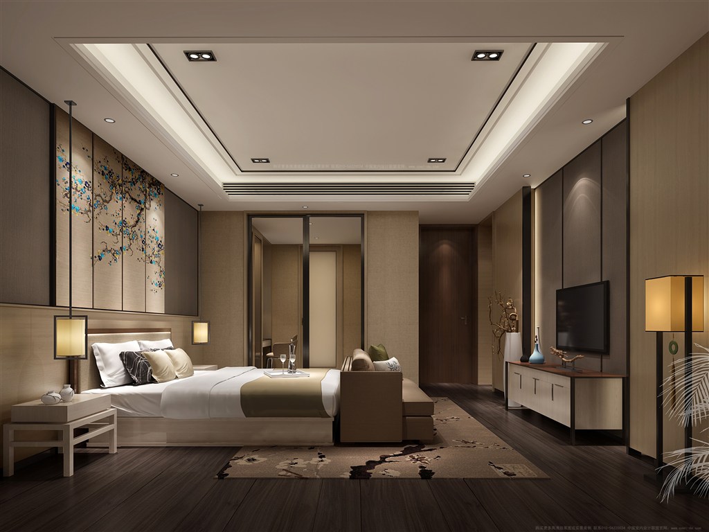 主卧室装修效果图采用中国风水墨画现代拼接形式的床头背景墙设计
