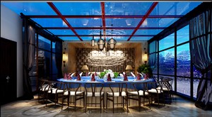 18大圆桌餐厅套房包间装修效果图蓝色格调三面全景窗设计