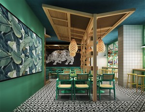 绿色调自助餐厅装修效果图有特色清新的风格设计让人一次就能记住的餐厅设计