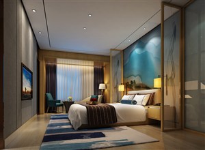 一款蓝色调酒店客房装修效果图设计像天空一样舒适