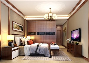 主卧室装修效果图床头的的背景墙以原木色系的整体柜呈现设计