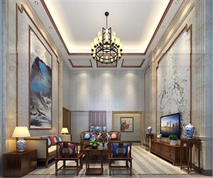 客厅装修效果图电视背景墙与沙发背景墙的壁画设计拉高整体空间效果图