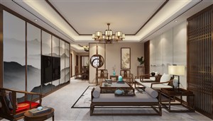 客厅装修效果图中国水墨画电视背景墙设计新中式风格隔断家具设计